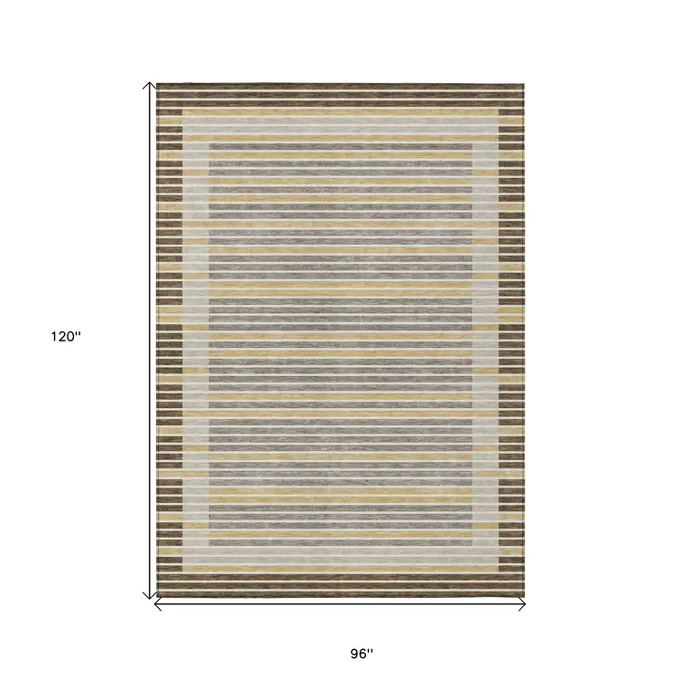 8' X 10' Brown And Ivory Striped Washable Indoor Outdoor Area Rug