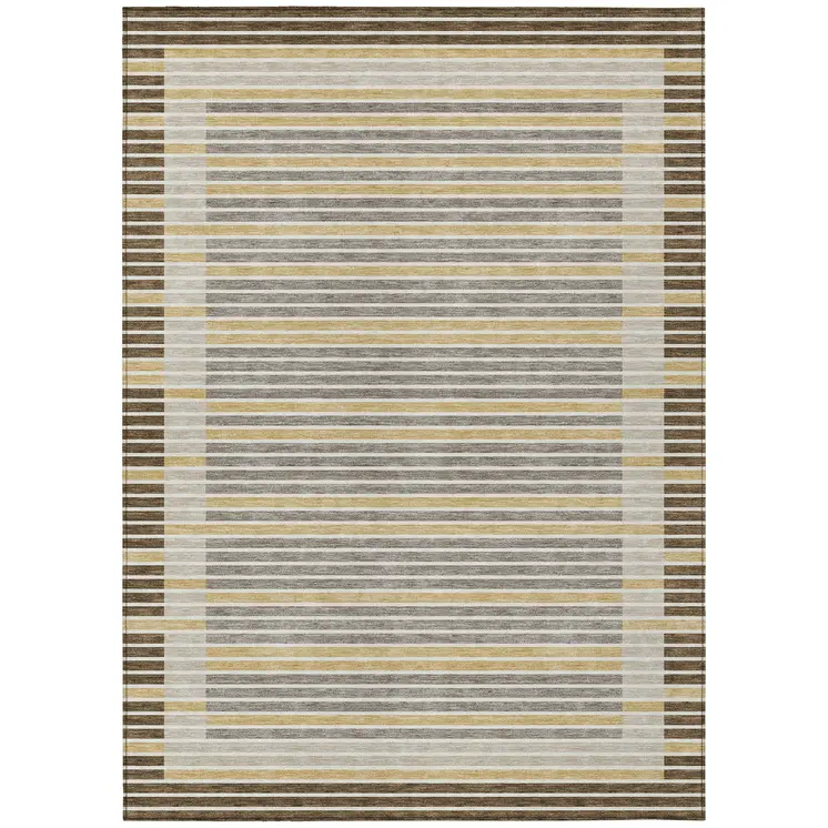 8' X 10' Brown And Ivory Striped Washable Indoor Outdoor Area Rug