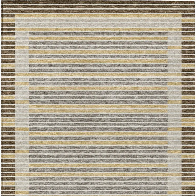 9' X 12' Brown And Ivory Striped Washable Indoor Outdoor Area Rug