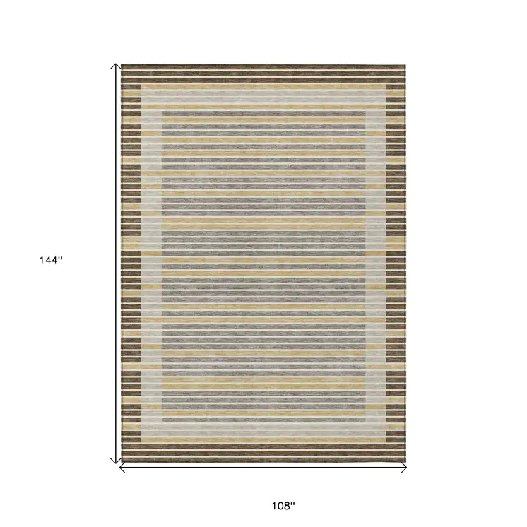 9' X 12' Brown And Ivory Striped Washable Indoor Outdoor Area Rug