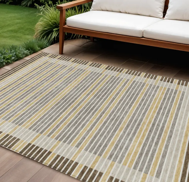 9' X 12' Brown And Ivory Striped Washable Indoor Outdoor Area Rug
