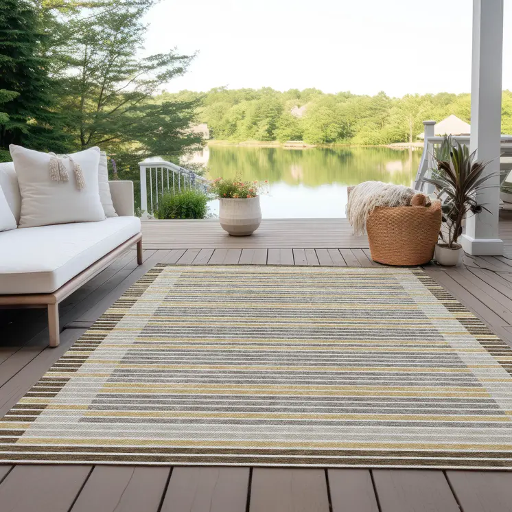 9' X 12' Brown And Ivory Striped Washable Indoor Outdoor Area Rug