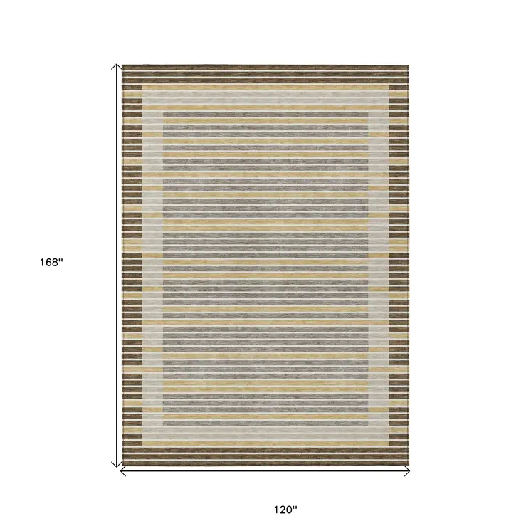10' X 14' Brown And Ivory Striped Washable Indoor Outdoor Area Rug