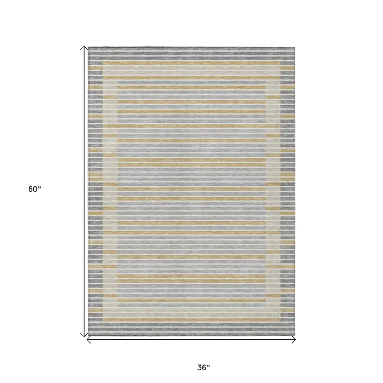 3' X 5' Gray And Silver Striped Washable Indoor Outdoor Area Rug