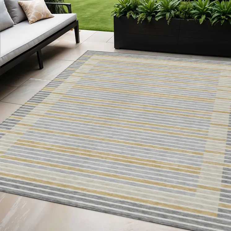 5' X 8' Gray And Silver Striped Washable Indoor Outdoor Area Rug