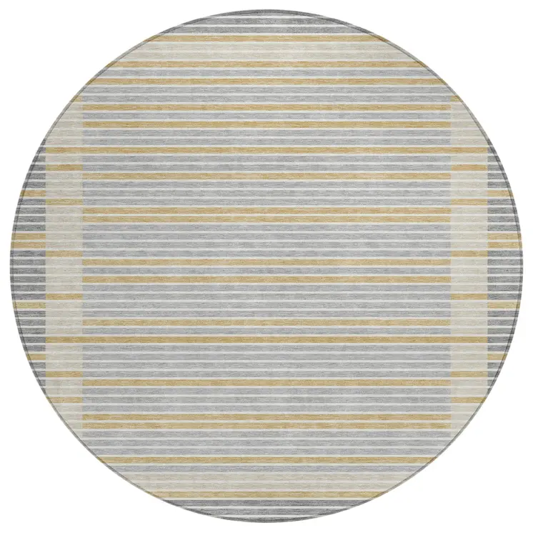 8' Gray And Silver Round Striped Washable Indoor Outdoor Area Rug