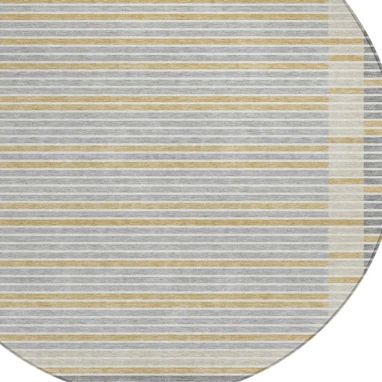 8' Gray And Silver Round Striped Washable Indoor Outdoor Area Rug