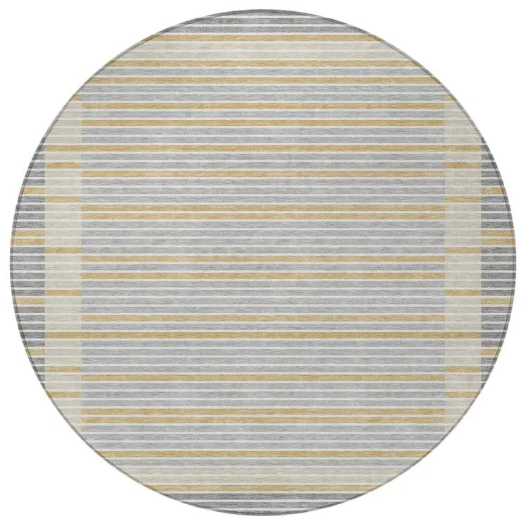8' Gray And Silver Round Striped Washable Indoor Outdoor Area Rug