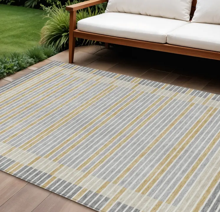 8' X 10' Gray And Silver Striped Washable Indoor Outdoor Area Rug