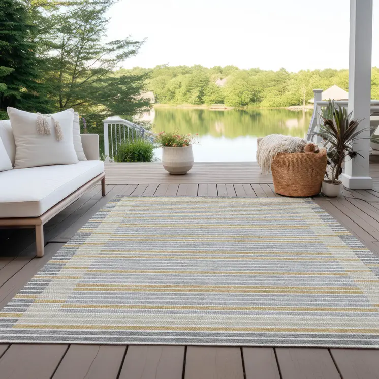 8' X 10' Gray And Silver Striped Washable Indoor Outdoor Area Rug