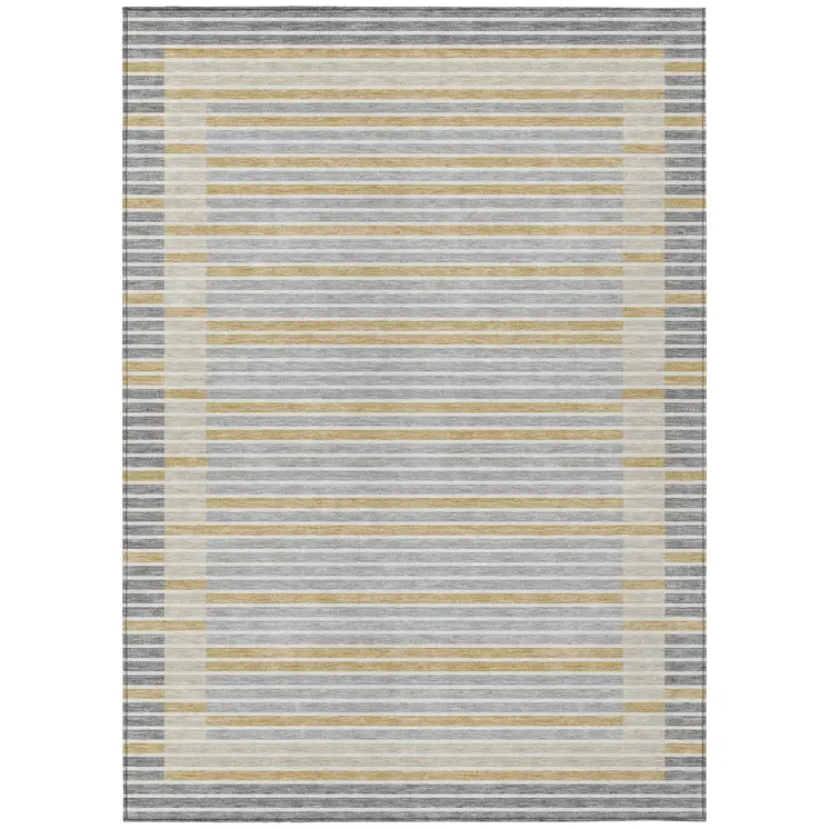 8' X 10' Gray And Silver Striped Washable Indoor Outdoor Area Rug