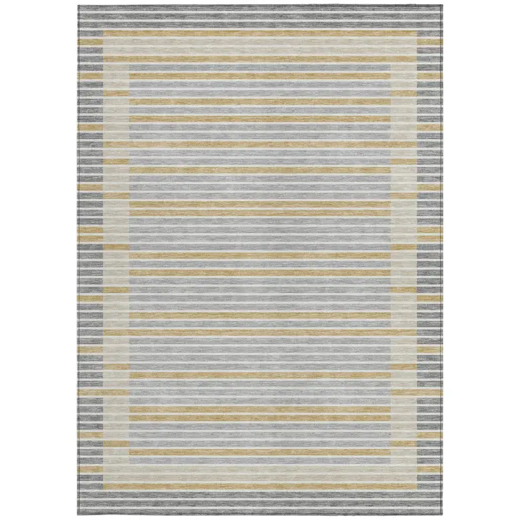 9' X 12' Gray And Silver Striped Washable Indoor Outdoor Area Rug