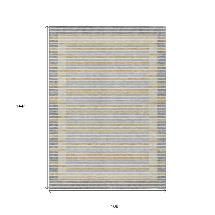 9' X 12' Gray And Silver Striped Washable Indoor Outdoor Area Rug