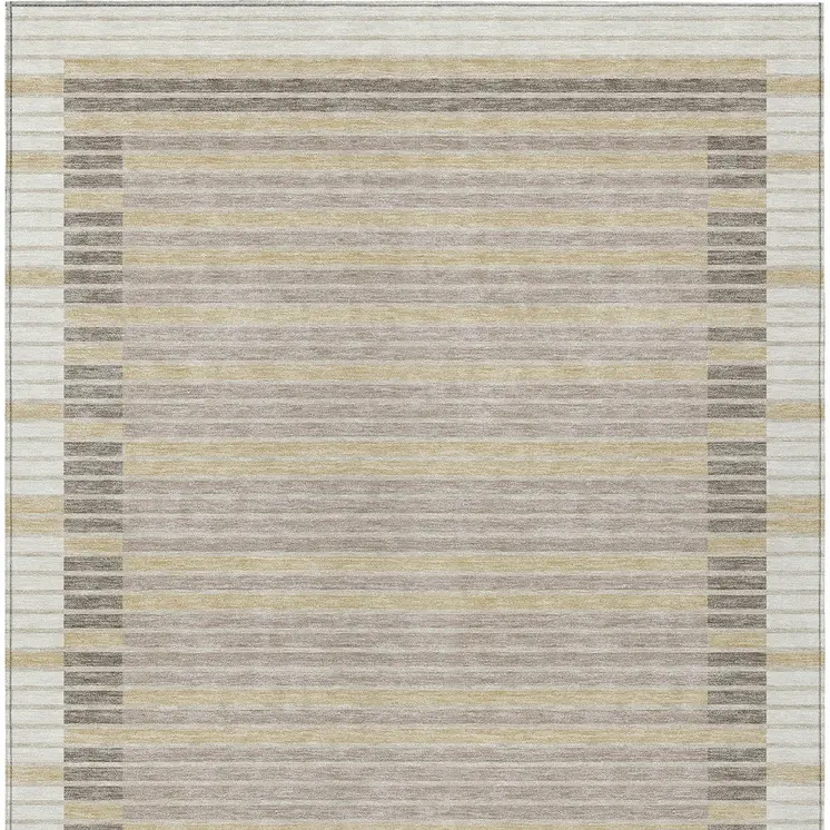 3' X 5' Ivory And Beige Striped Washable Indoor Outdoor Area Rug