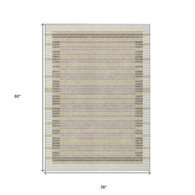 3' X 5' Ivory And Beige Striped Washable Indoor Outdoor Area Rug