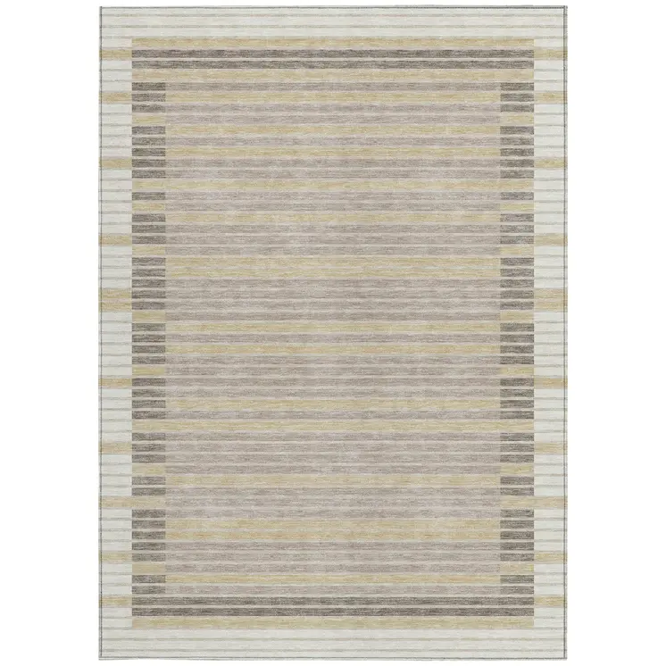 5' X 8' Ivory And Beige Striped Washable Indoor Outdoor Area Rug