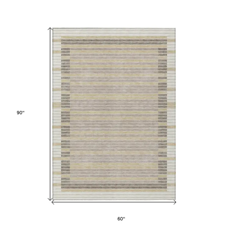 5' X 8' Ivory And Beige Striped Washable Indoor Outdoor Area Rug