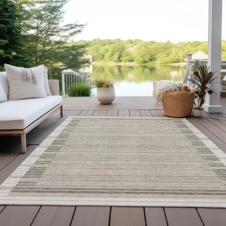 5' X 8' Ivory And Beige Striped Washable Indoor Outdoor Area Rug