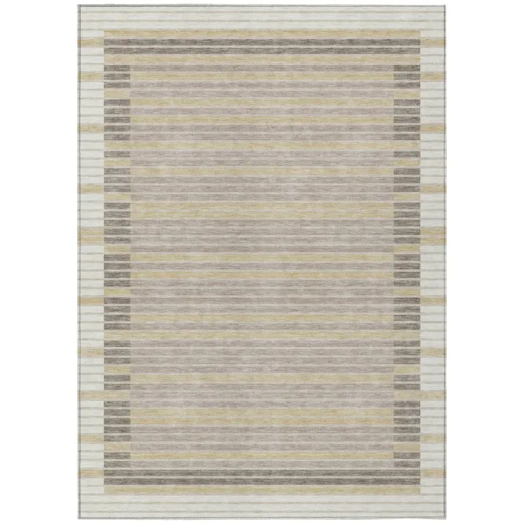 5' X 8' Ivory And Beige Striped Washable Indoor Outdoor Area Rug
