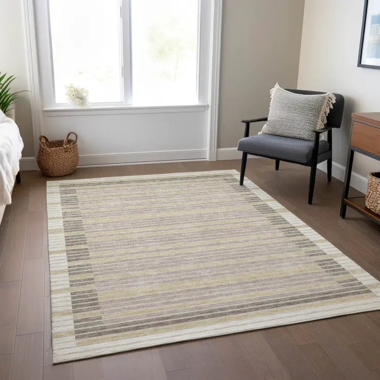 5' X 8' Ivory And Beige Striped Washable Indoor Outdoor Area Rug