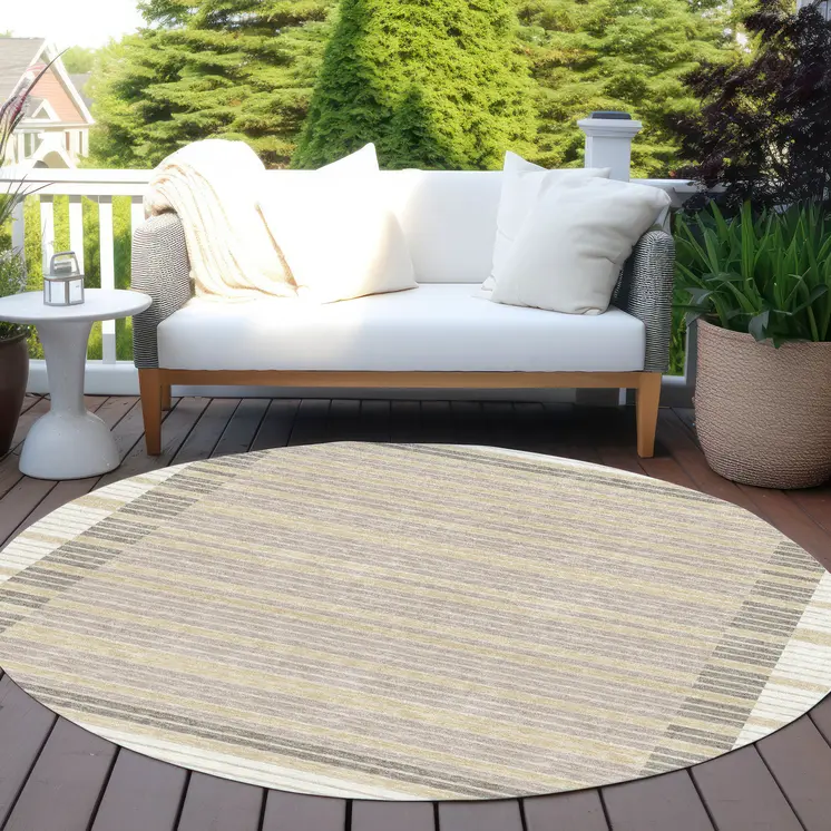 8' Ivory And Beige Round Striped Washable Indoor Outdoor Area Rug
