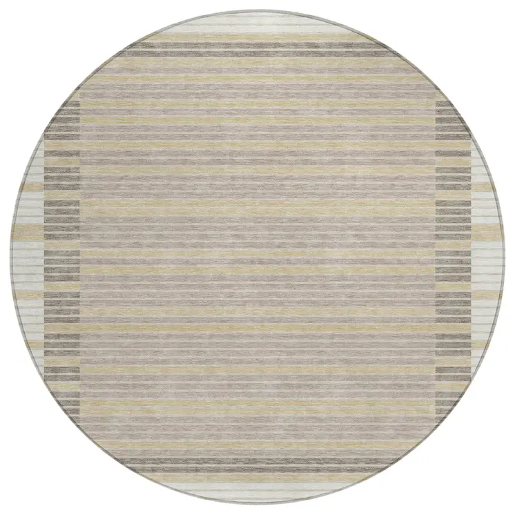 8' Ivory And Beige Round Striped Washable Indoor Outdoor Area Rug