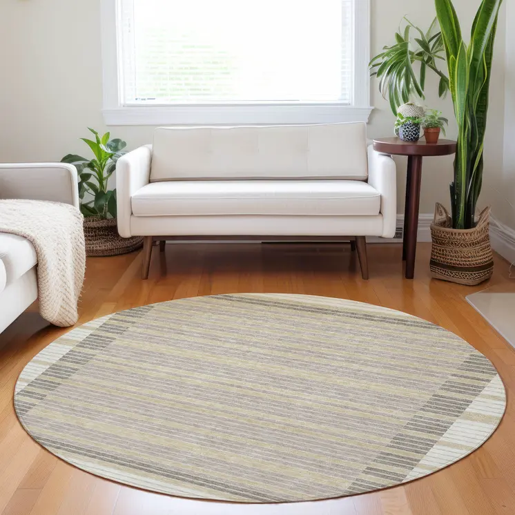 8' Ivory And Beige Round Striped Washable Indoor Outdoor Area Rug