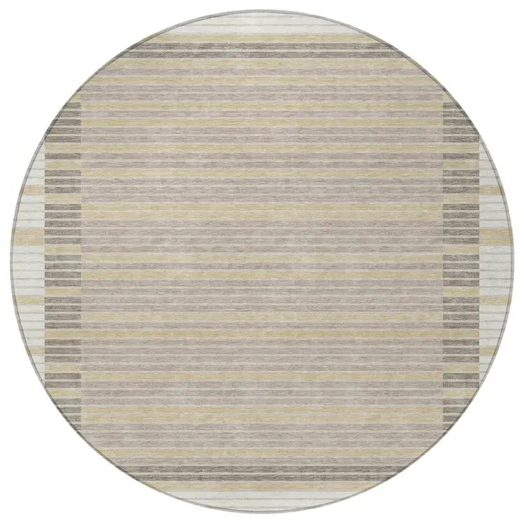 8' Ivory And Beige Round Striped Washable Indoor Outdoor Area Rug