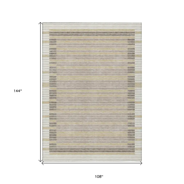 9' X 12' Ivory And Beige Striped Washable Indoor Outdoor Area Rug