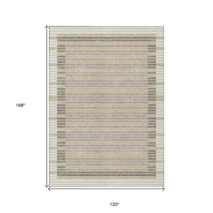 10' X 14' Ivory And Beige Striped Washable Indoor Outdoor Area Rug