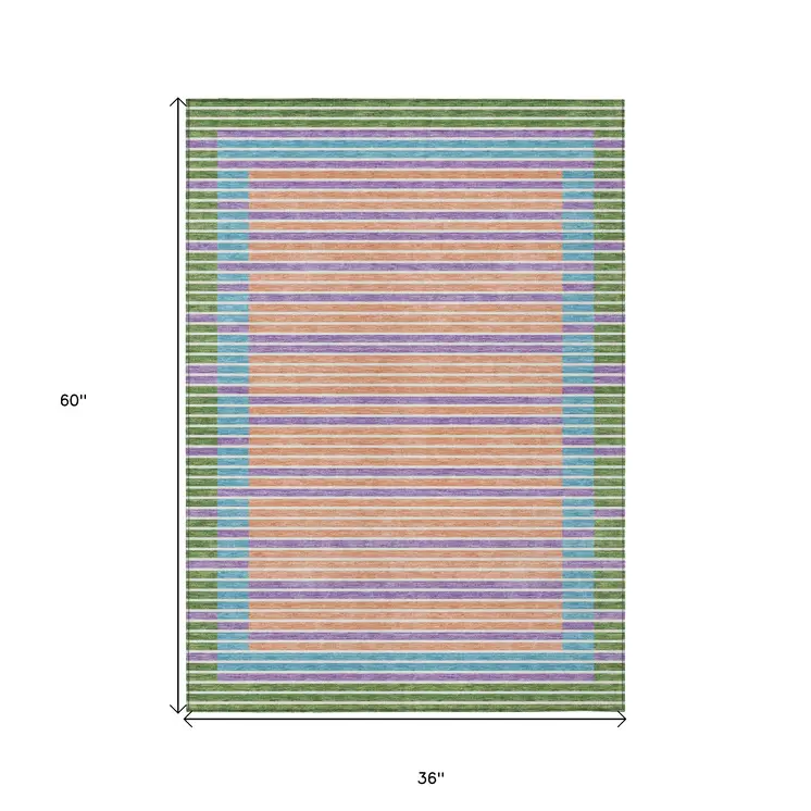 3' X 5' Lime Green And Ivory Striped Washable Indoor Outdoor Area Rug