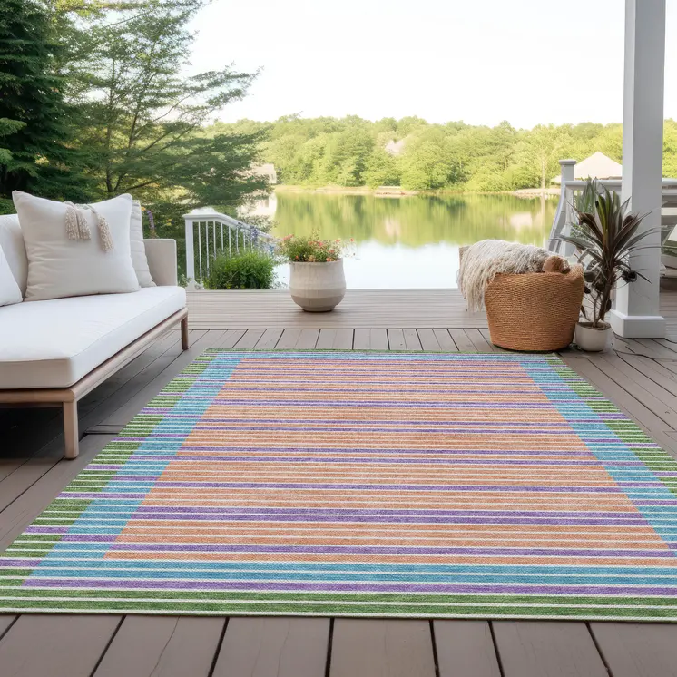 3' X 5' Lime Green And Ivory Striped Washable Indoor Outdoor Area Rug