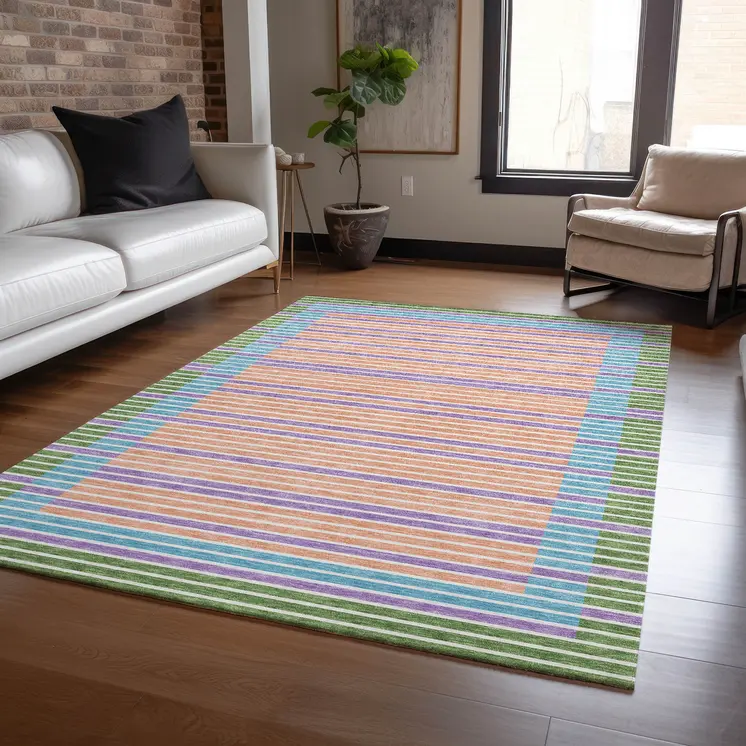3' X 5' Lime Green And Ivory Striped Washable Indoor Outdoor Area Rug