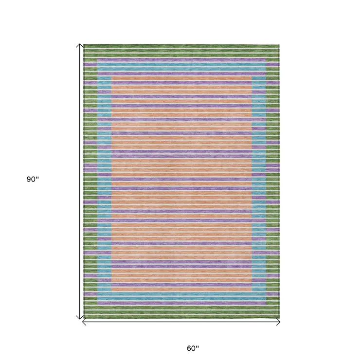 5' X 8' Lime Green And Ivory Striped Washable Indoor Outdoor Area Rug