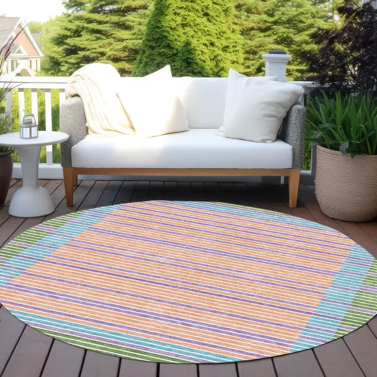 8' Lime Green And Ivory Round Striped Washable Indoor Outdoor Area Rug