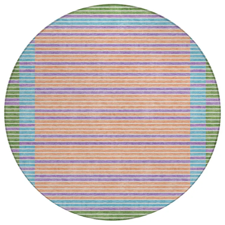 8' Lime Green And Ivory Round Striped Washable Indoor Outdoor Area Rug