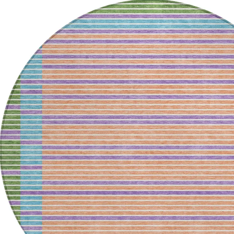8' Lime Green And Ivory Round Striped Washable Indoor Outdoor Area Rug