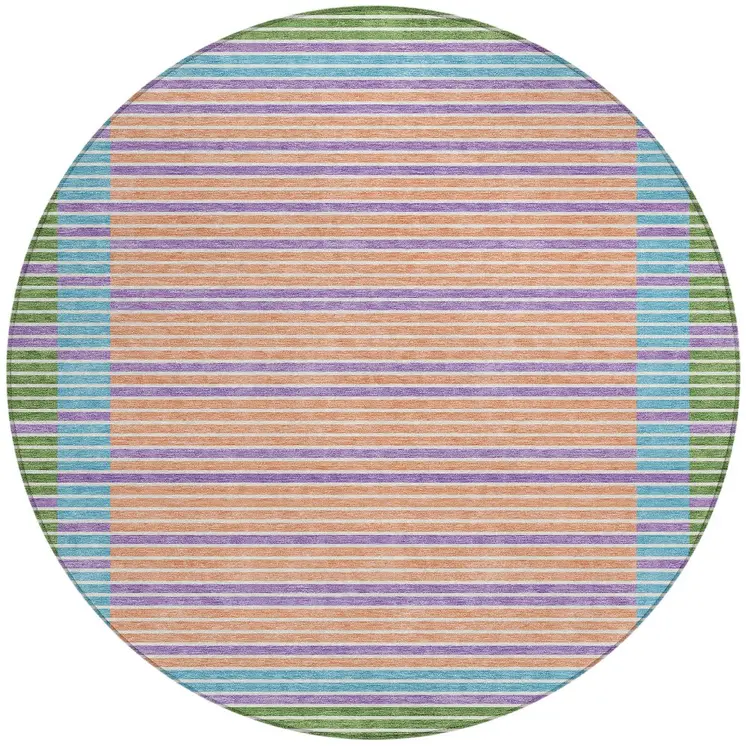 8' Lime Green And Ivory Round Striped Washable Indoor Outdoor Area Rug