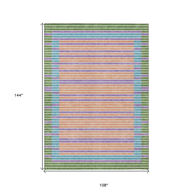 9' X 12' Lime Green And Ivory Striped Washable Indoor Outdoor Area Rug