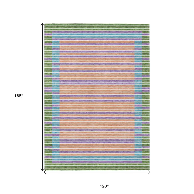10' X 14' Lime Green And Ivory Striped Washable Indoor Outdoor Area Rug