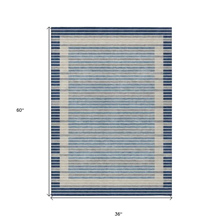 3' X 5' Navy Blue And Denim Blue Striped Washable Indoor Outdoor Area Rug