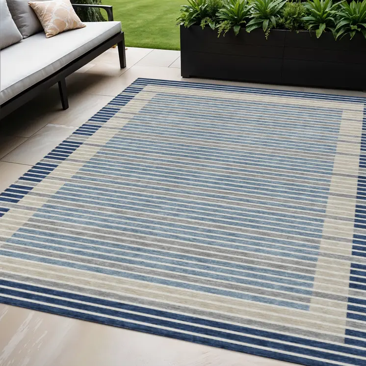 5' X 8' Navy Blue And Denim Blue Striped Washable Indoor Outdoor Area Rug