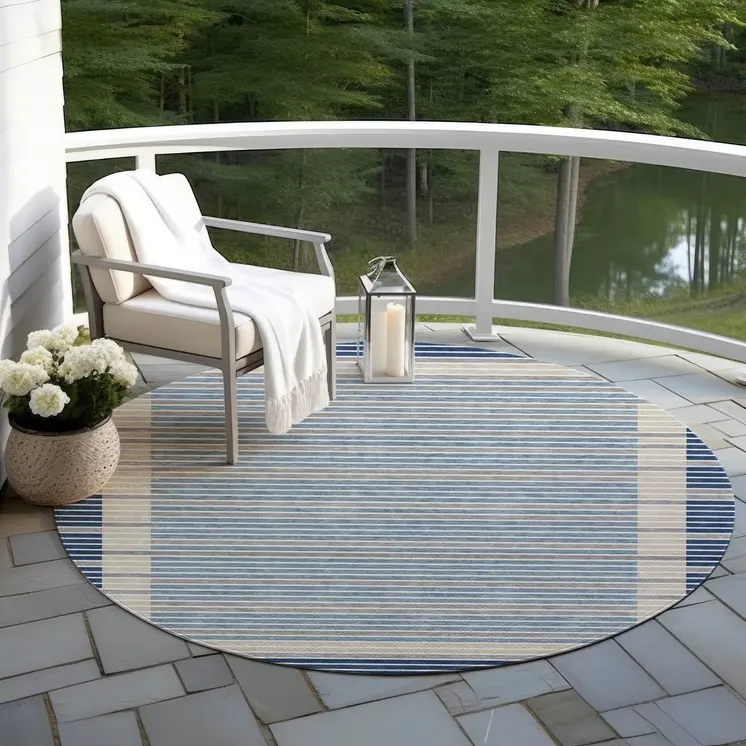 8' Navy Blue And Denim Blue Round Striped Washable Indoor Outdoor Area Rug