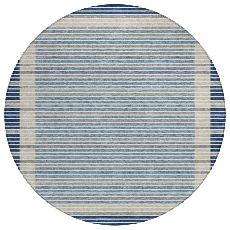 8' Navy Blue And Denim Blue Round Striped Washable Indoor Outdoor Area Rug