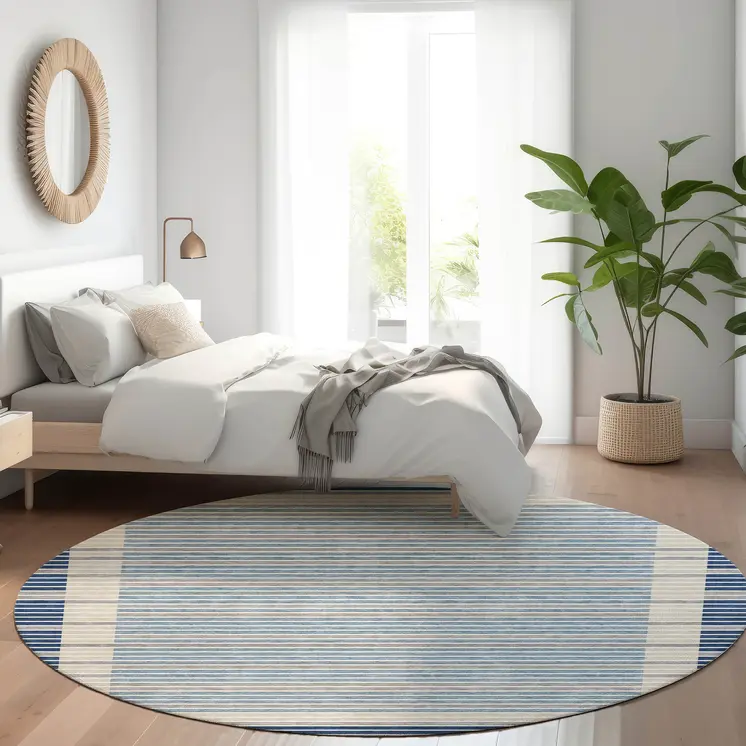 8' Navy Blue And Denim Blue Round Striped Washable Indoor Outdoor Area Rug