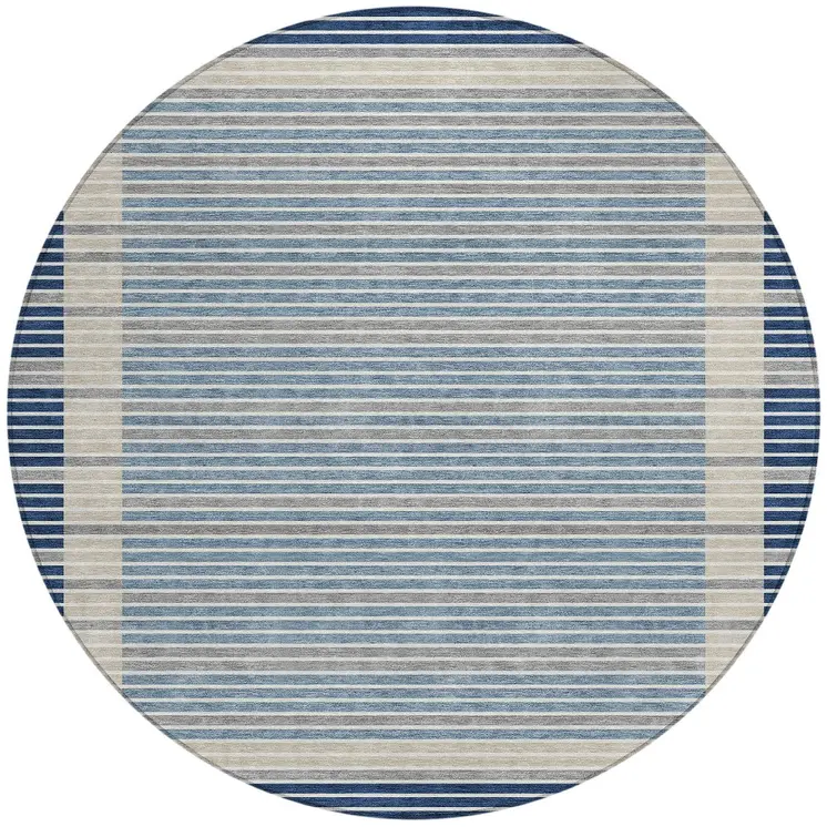8' Navy Blue And Denim Blue Round Striped Washable Indoor Outdoor Area Rug