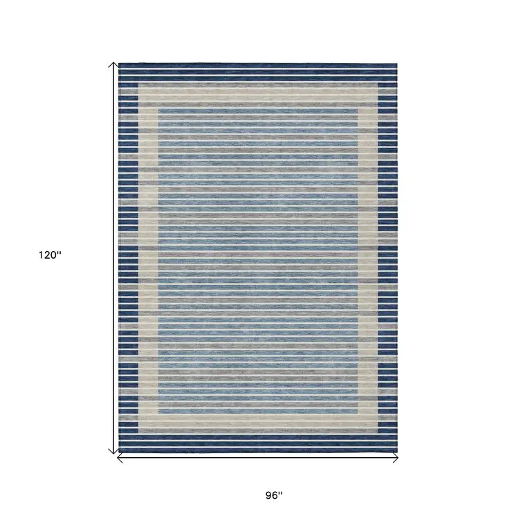 8' X 10' Navy Blue And Denim Blue Striped Washable Indoor Outdoor Area Rug