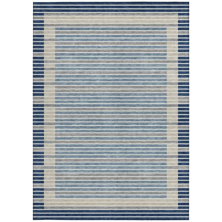 9' X 12' Navy Blue And Denim Blue Striped Washable Indoor Outdoor Area Rug