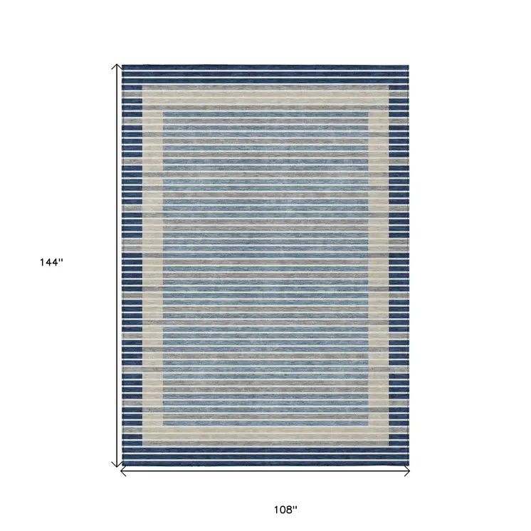 9' X 12' Navy Blue And Denim Blue Striped Washable Indoor Outdoor Area Rug