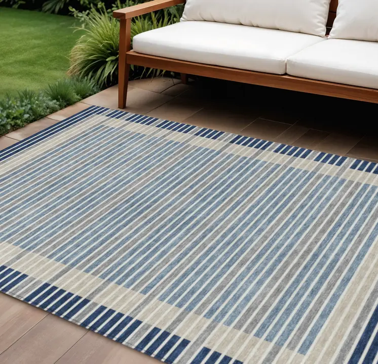 9' X 12' Navy Blue And Denim Blue Striped Washable Indoor Outdoor Area Rug